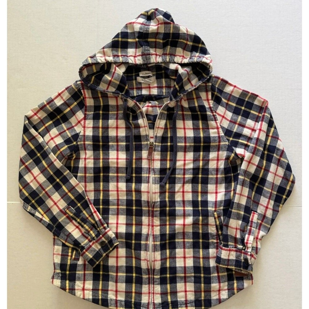 LL Bean Women’s Scotch Plaid Flannel Full Zip Hoodie Jacket Small Cream Blue